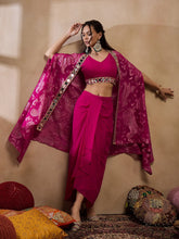 Crop Top With Draped Skirt And Cape In Pink Color